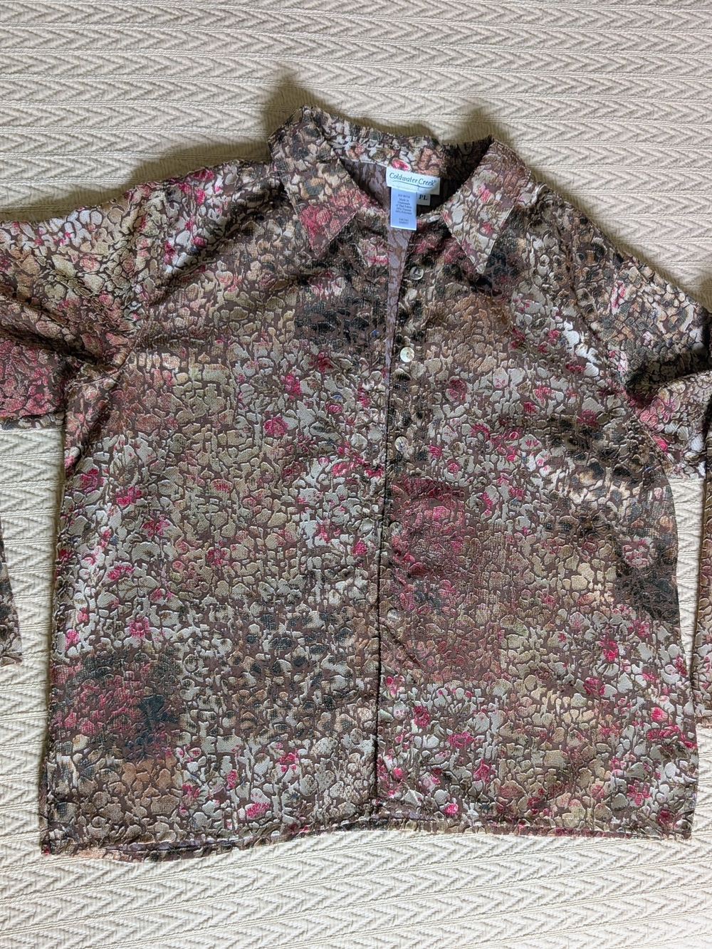 Coldwater Creek Metallic Floral Button-Up Shirt/Layering Top Brown, Gold, Green